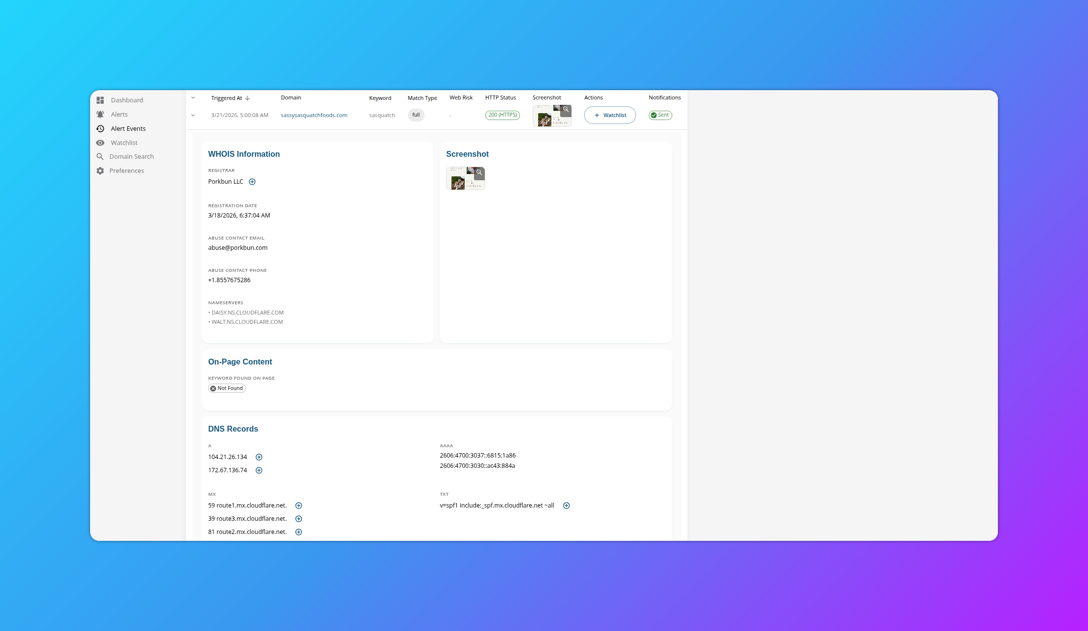 Monids domain detail view with WHOIS and DNS data