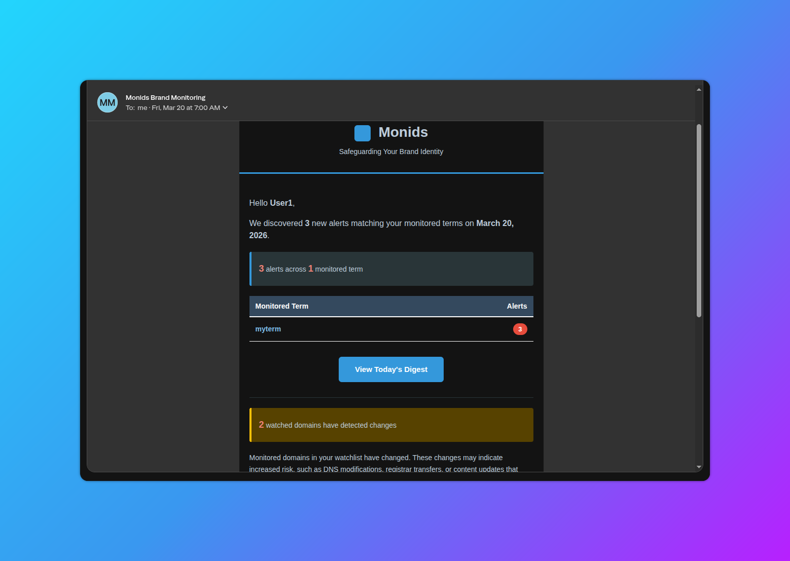 Monids alert notification showing a newly discovered domain