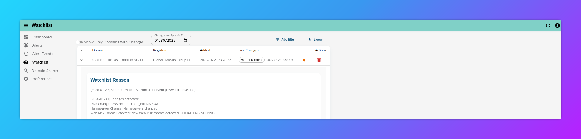 Monids watchlist showing domain status change